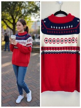 Vintage Classic Red Nordic Fair Isle Pattern Sweater Size L Ski Lodge Cabin Prep